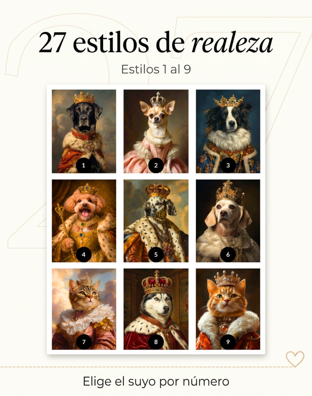 Estilos de realeza 1 al 9 para la frazada con retrato de mascota: reyes y reinas con corona y capa