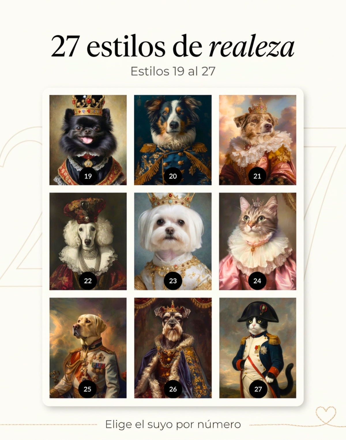 Estilos de realeza 19 al 27 para la frazada con retrato de mascota, incluido un gato vestido de general