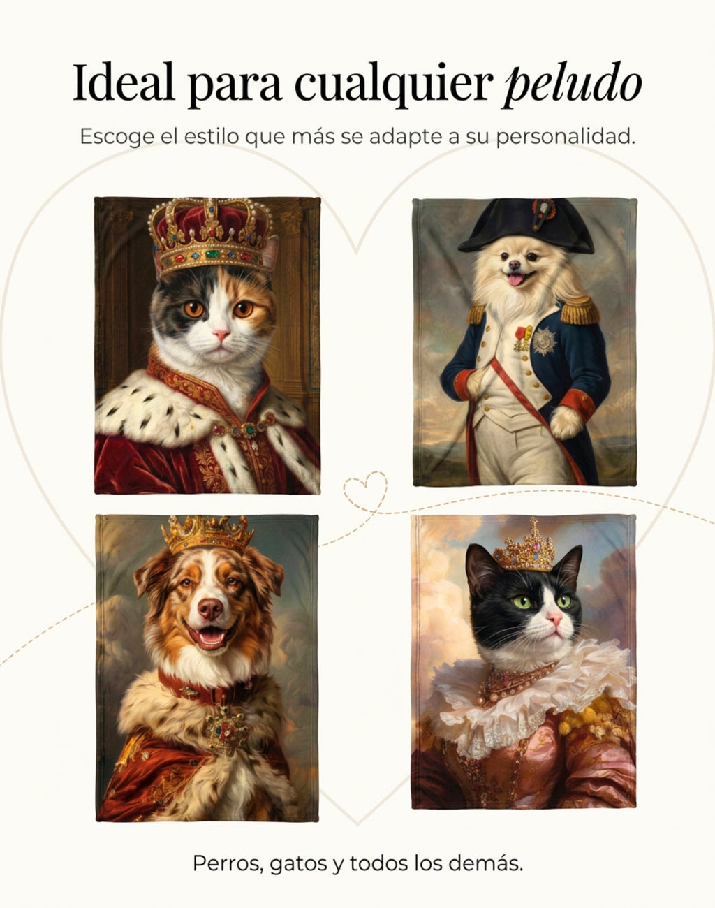 Frazadas de realeza con perros y gatos: gato con corona, pomerania de general, pastor australiano de rey y gata de reina