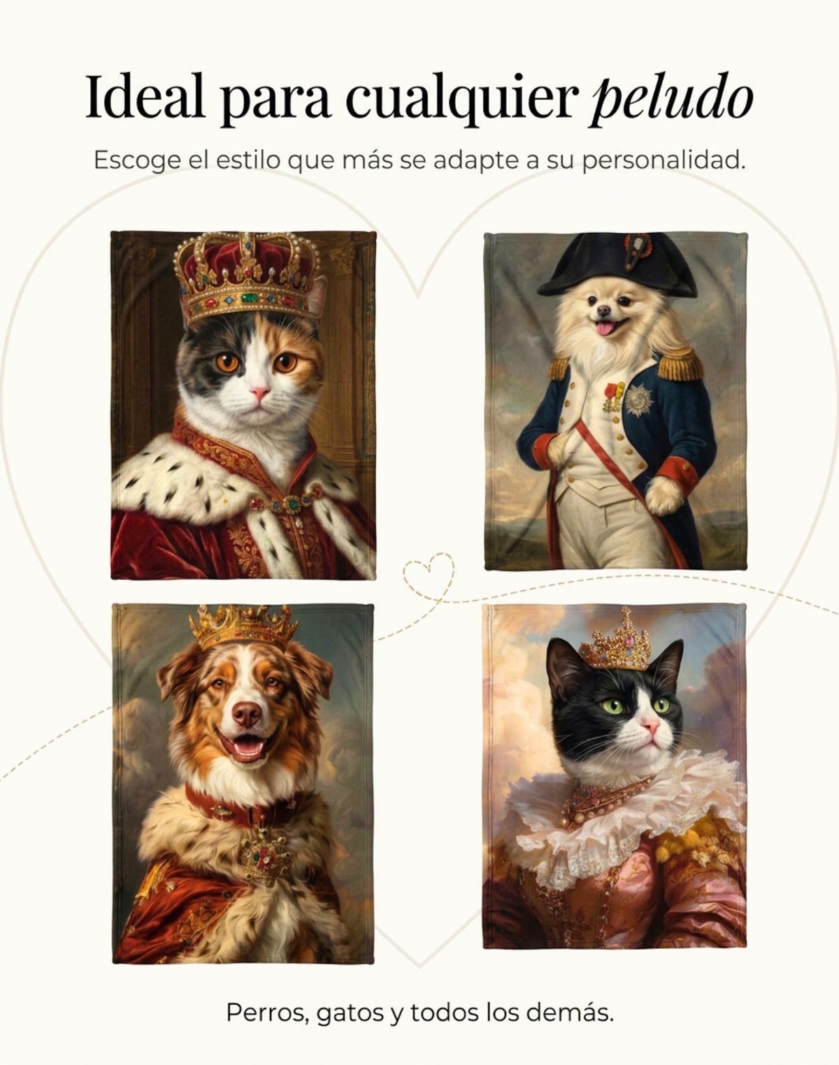 Frazadas de realeza con perros y gatos: gato con corona, pomerania de general, pastor australiano de rey y gata de reina