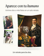 Fotos de un hombre y su perro pitbull unidas en un solo retrato de realeza sobre la frazada