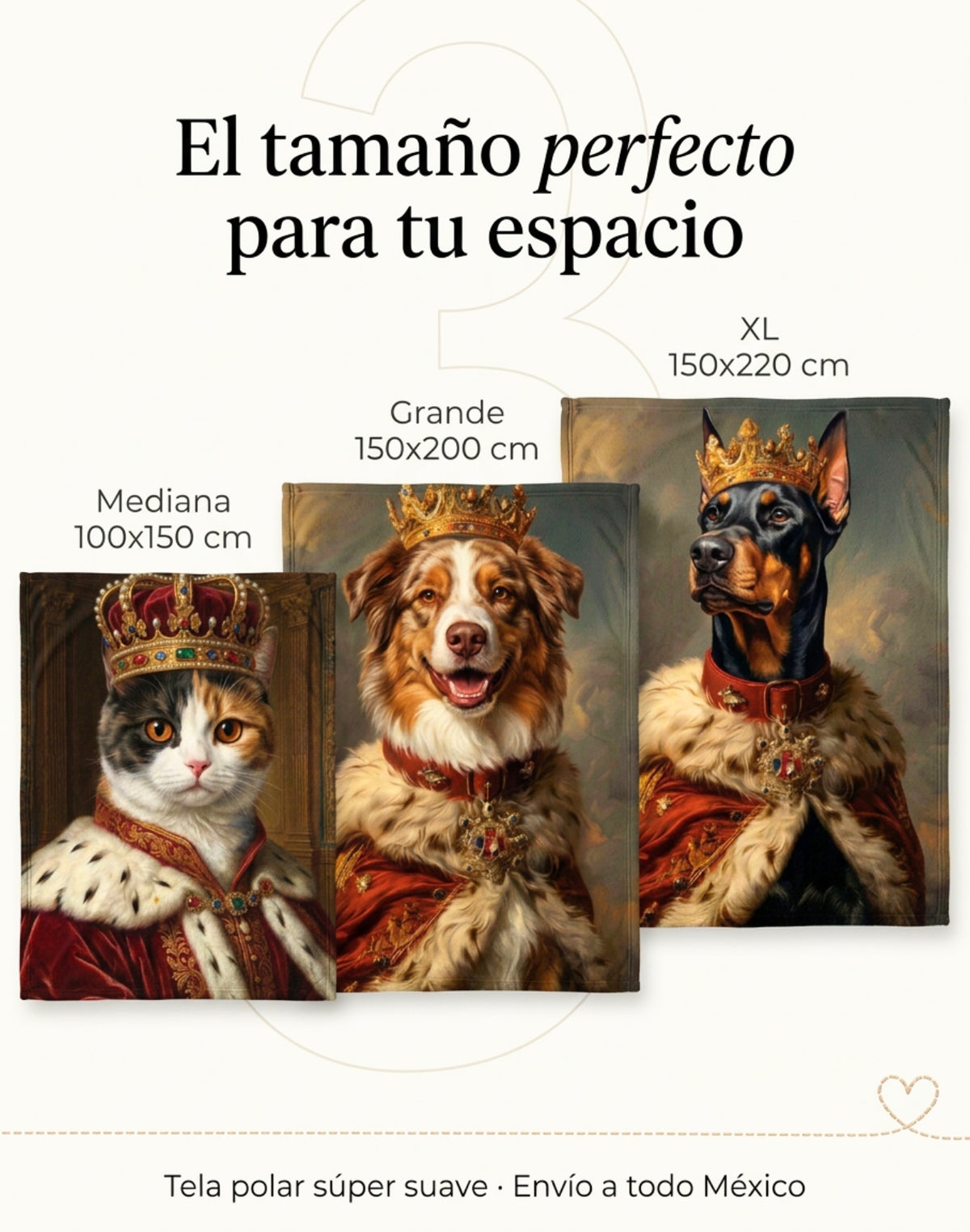 Tamaños de la frazada de realeza: Mediana 100 × 150 cm, Grande 150 × 200 cm y XL 150 × 220 cm