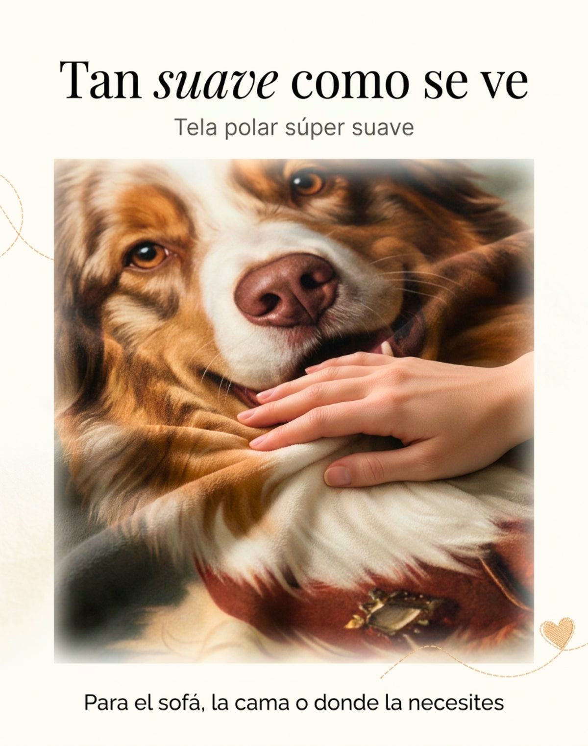 Mano acariciando la frazada de tela polar suave con el retrato de realeza de un perro