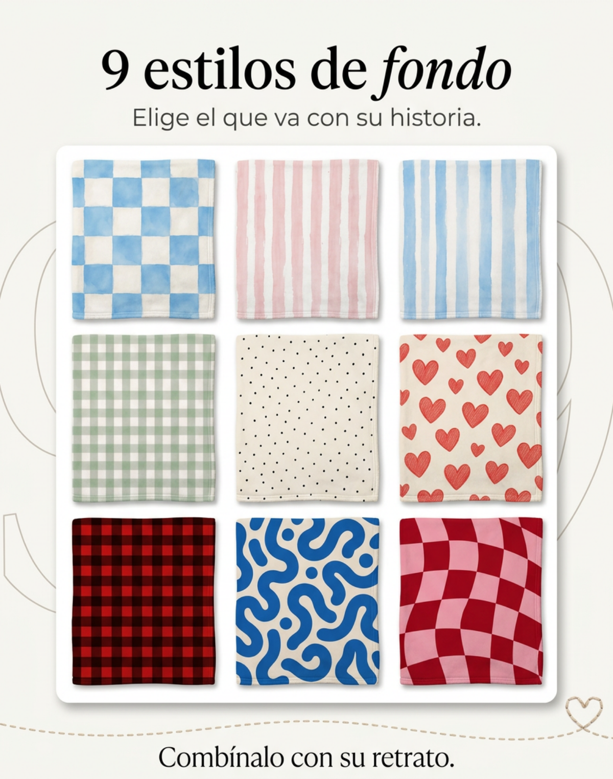 Los 9 fondos de la frazada con retrato ilustrado: cuadros azules, rayas rosas, rayas azules, vichy verde, puntos, corazones, cuadros rojos, ondas azules y cuadros ondulados