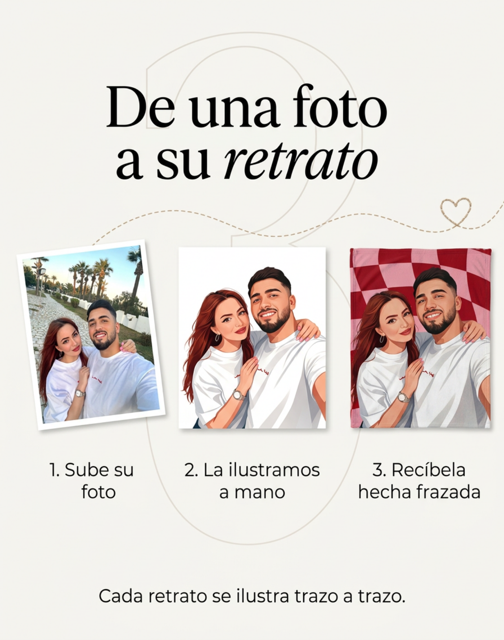 De la foto a la frazada: foto original de una pareja, su retrato ilustrado a mano y la frazada terminada con fondo de cuadros rojos y rosas