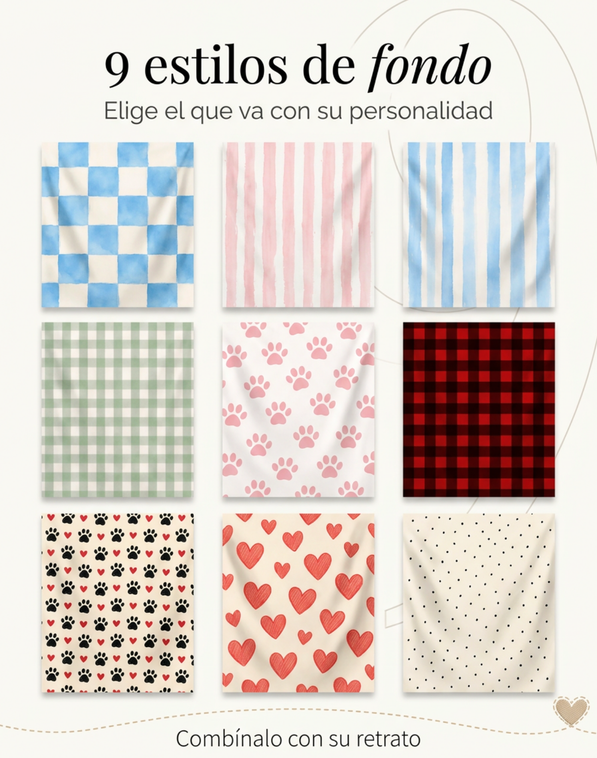 Los 9 fondos para la frazada con retrato de mascota: cuadros, rayas, cuadros vichy, huellitas, cuadros rojos, corazones y puntos