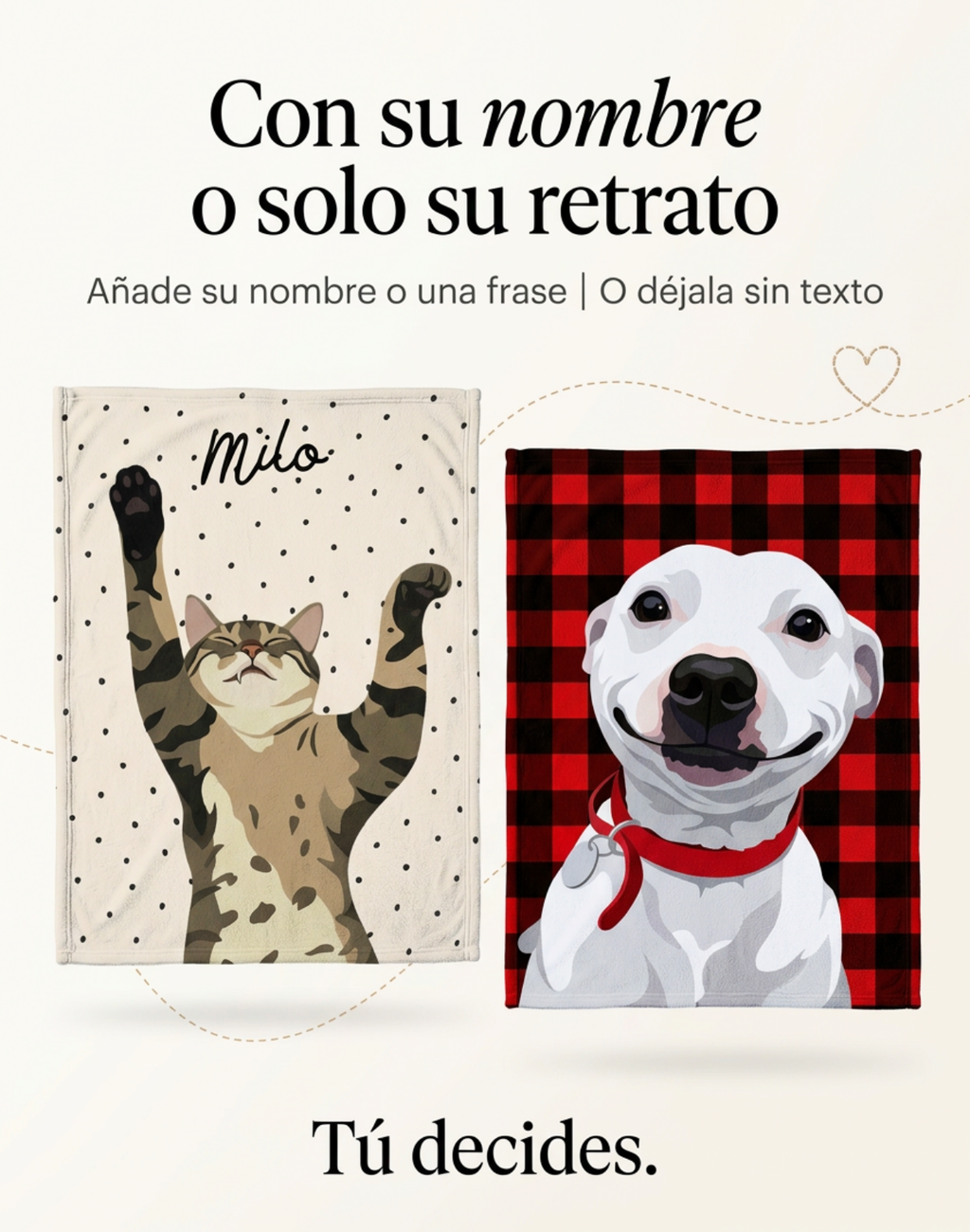 Frazada con retrato de gato con su nombre sobre fondo de puntos y frazada con retrato de perro sin texto sobre cuadros rojos