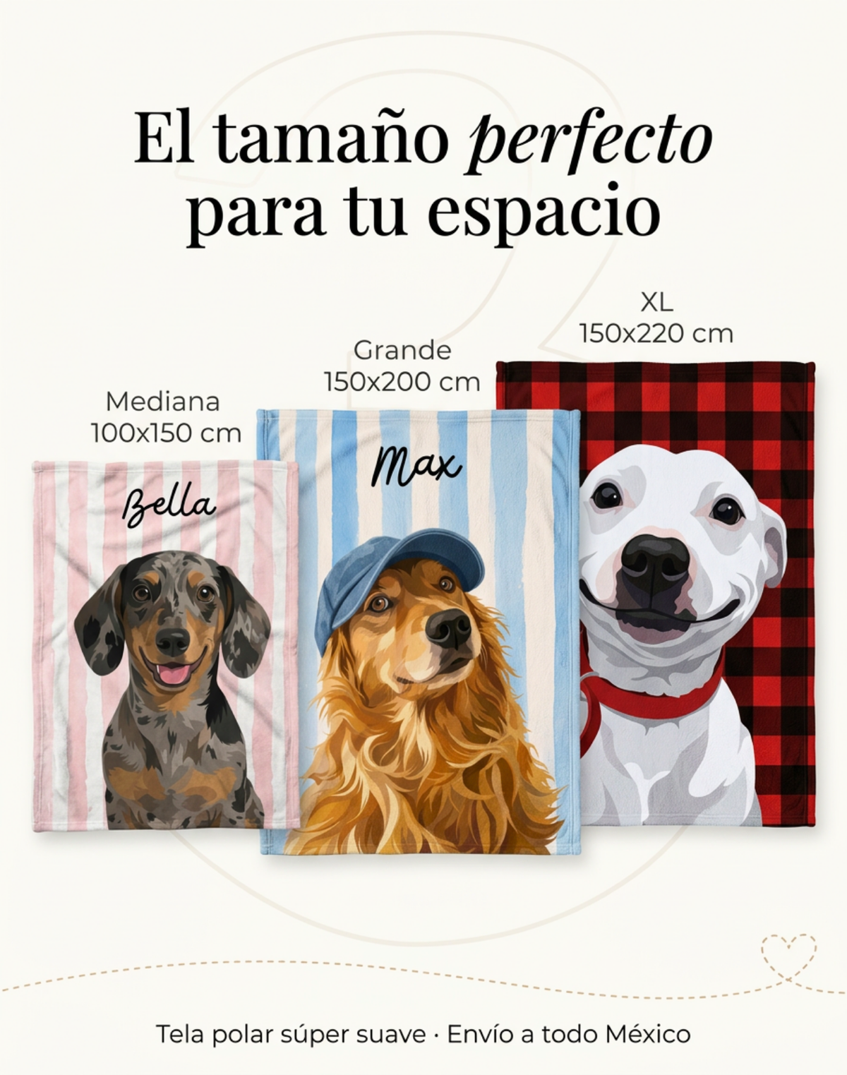 Tamaños de la frazada con retrato de mascota: Mediana 100 × 150 cm, Grande 150 × 200 cm y XL 150 × 220 cm