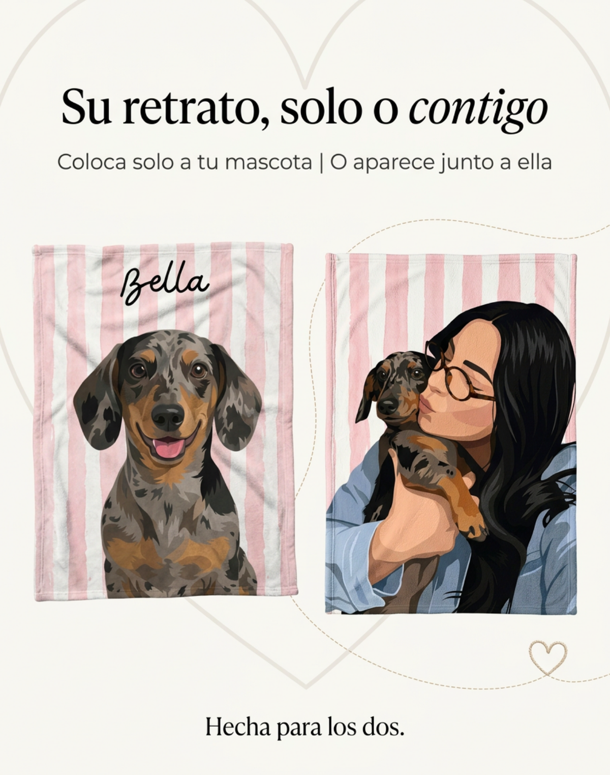 Frazada con el retrato de un perro salchicha solo con su nombre y otra con el perro en brazos de su dueña, fondo de rayas rosas