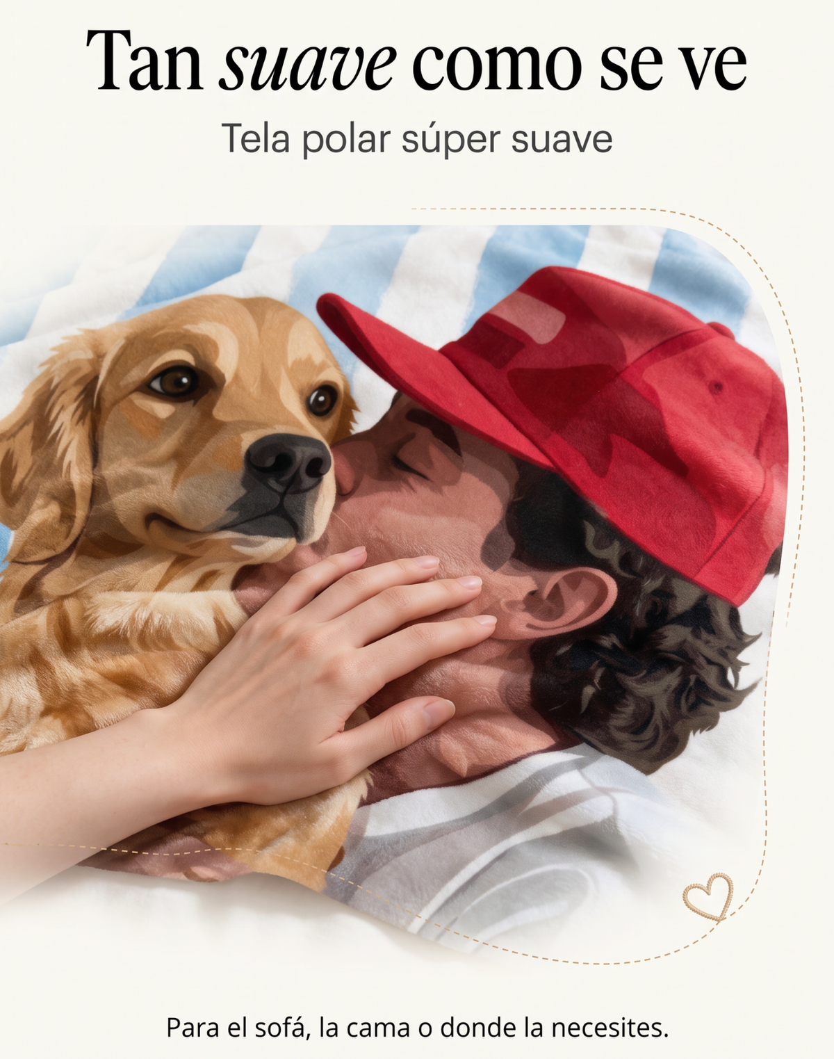 Detalle de la frazada de tela polar suave con el retrato ilustrado de un hombre besando a su golden retriever