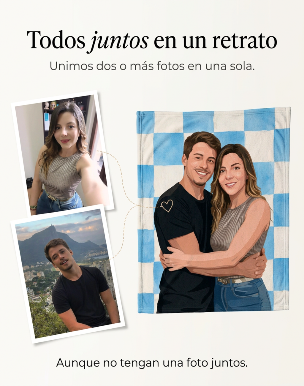 Dos fotos separadas de una mujer y un hombre unidas en un solo retrato ilustrado de pareja, sobre una frazada de cuadros azules