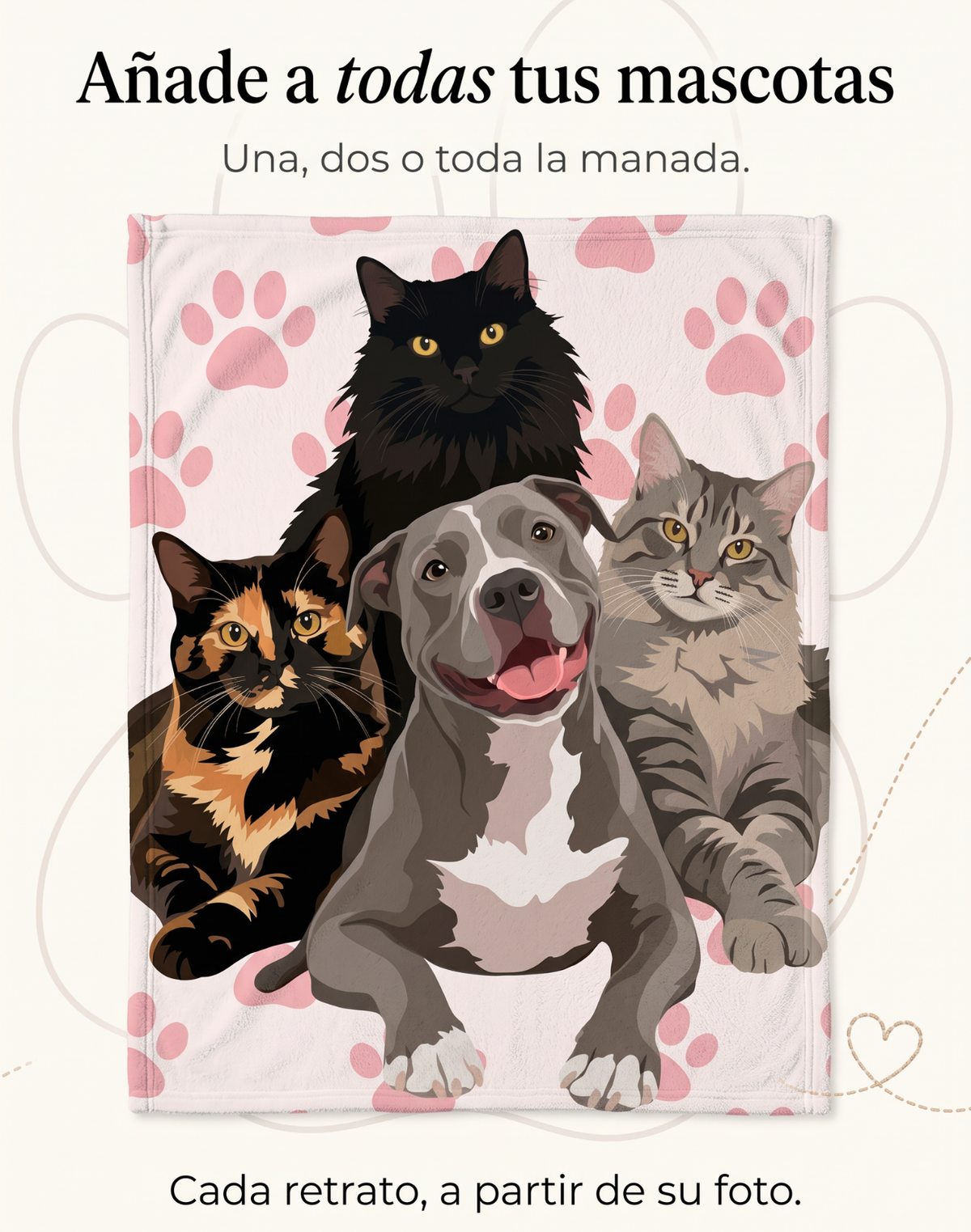 Frazada personalizada con el retrato de varias mascotas: tres gatos y un perro pitbull sobre fondo de huellitas rosas
