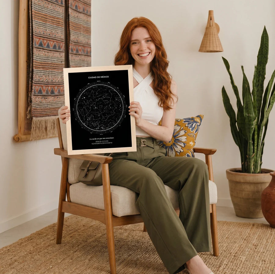 Mujer sonriendo en un sillón con su mapa estelar personalizado de la Ciudad de México enmarcado