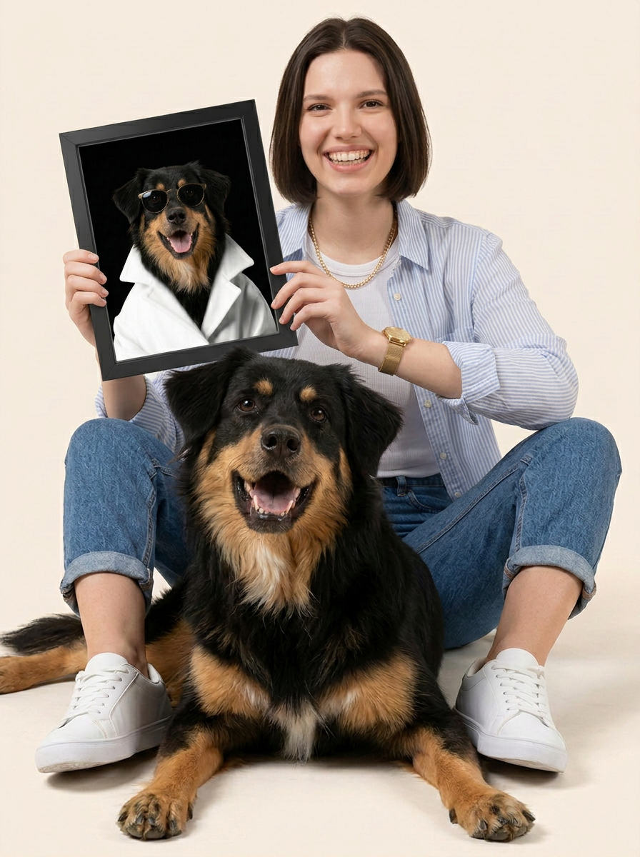 Retrato de Mascota Personalizado Estilo Chic con Gafas Enmarcado